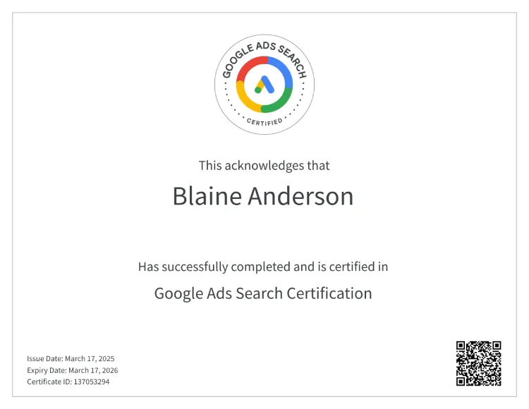 Certificate of Completion for Google Search Ad